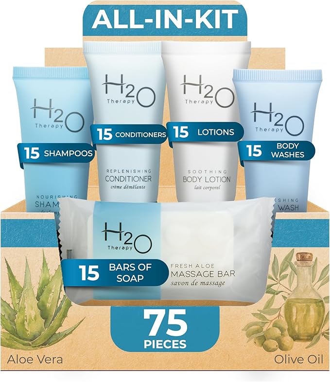 أتش2أو ثيرابي مجموعة الجملة لصابون ومستلزمات نظافة H2O Therapy للفنادق | 1-متجر لجميع التجهيزات للفنادق وAirbnb | 0.85 أونصة شامبو وبلسم فندق، غسول جسم، لوشن للجسم، وصابون 1 أونصة للسفر | 75 قطعة - Image 2